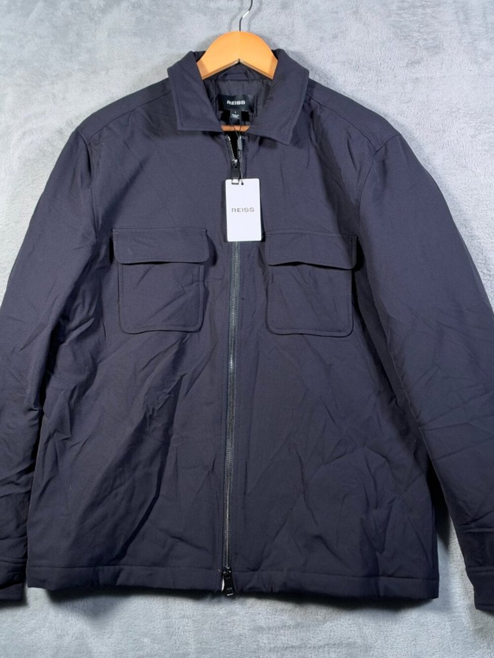 Reiss Jacket Mens L Navy Oshei Wadded Quilted Lined Full Zip Stretch $285